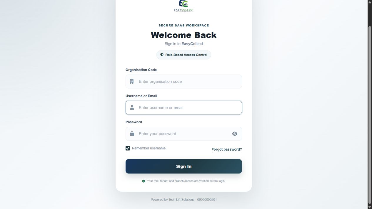 EasyCollect secure login screen