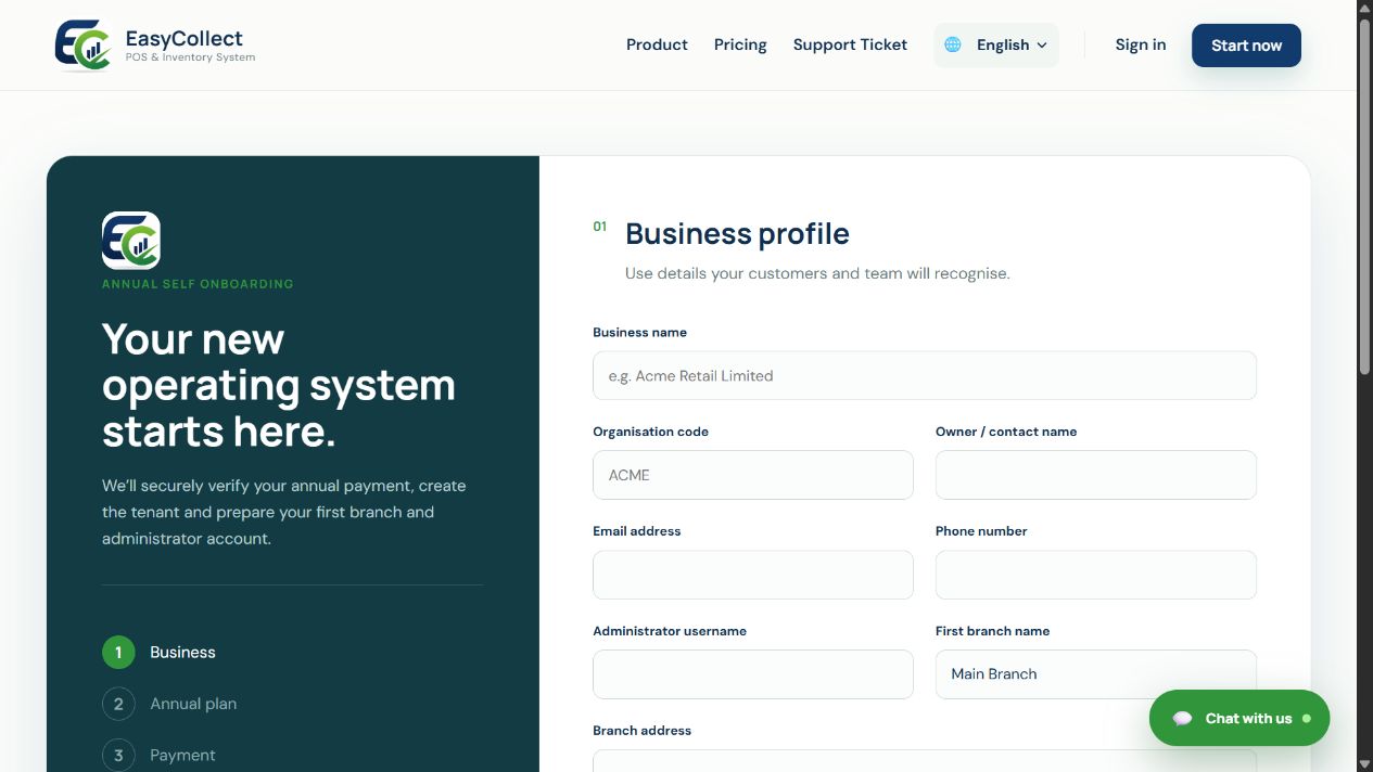 Actual EasyCollect annual onboarding screen